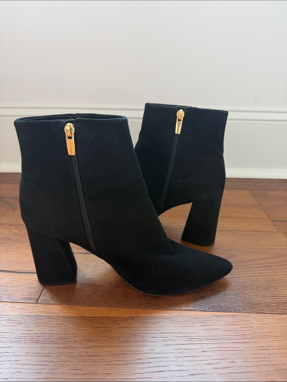 Vince Camuto Black Suede Ankle Booties with Gold Zipper Detail